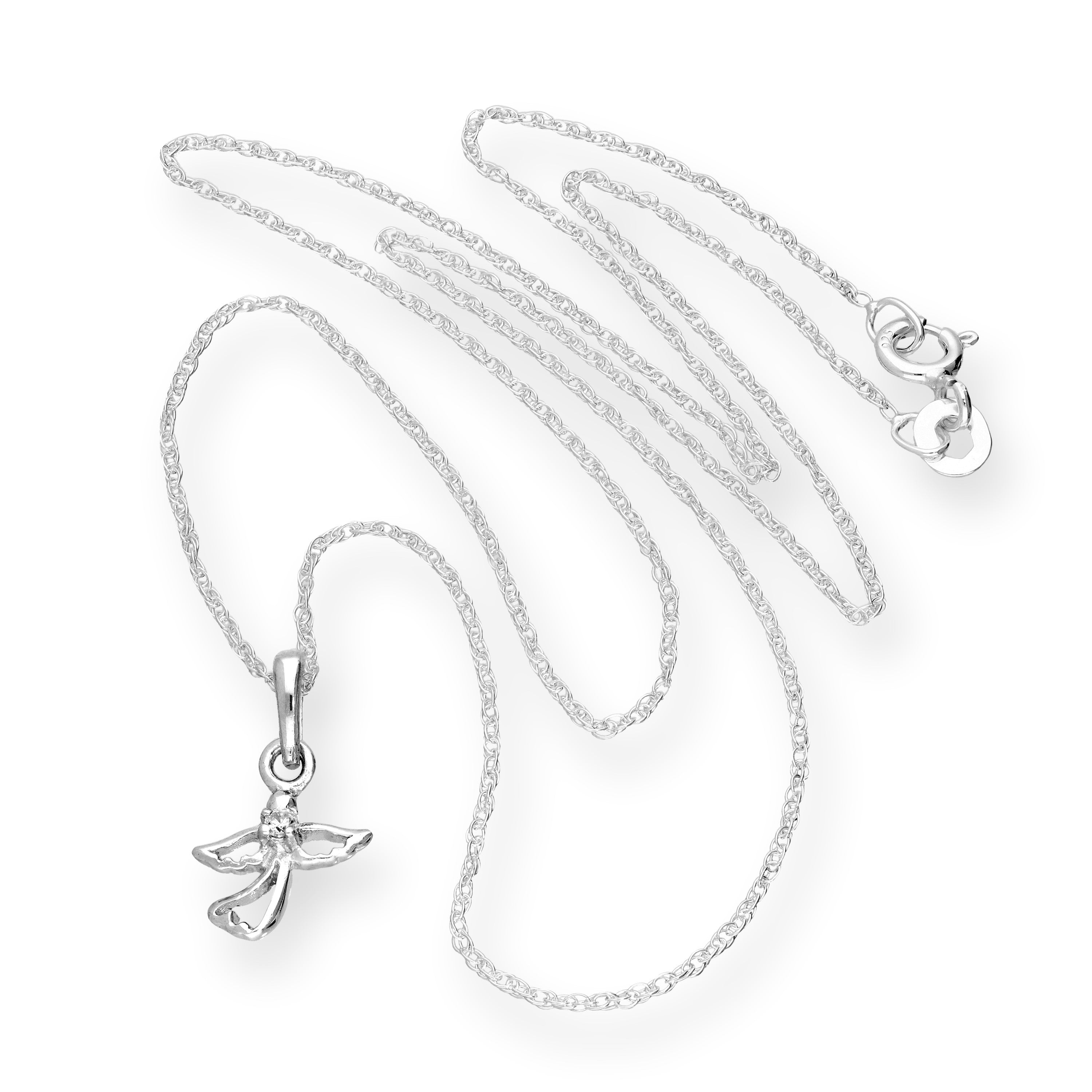 Sterling Silver & Clear CZ Crystal Cut Out Angel Pendant Necklace 16 - 18 Inches