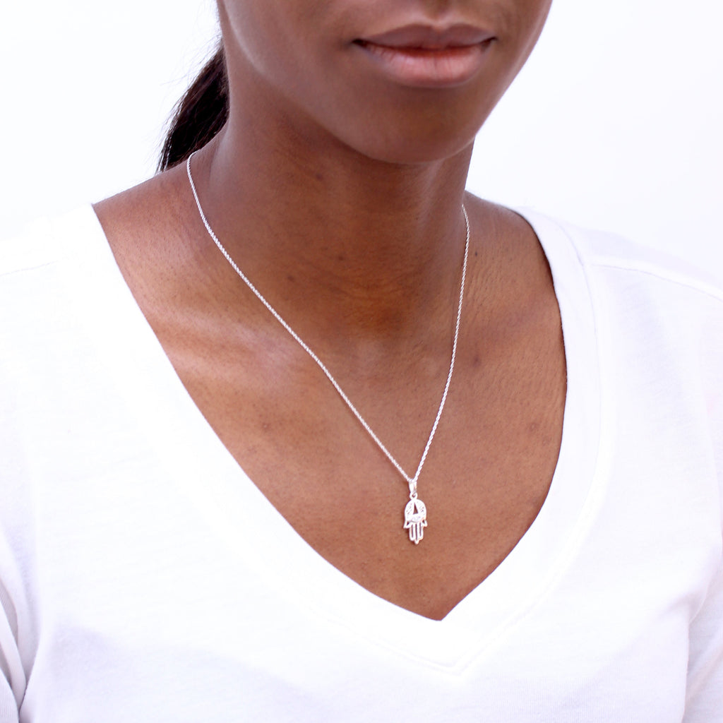 Sterling Silver & Clear CZ Crystal Cut Out Hamsa Pendant Necklace 16 - 22 Inches