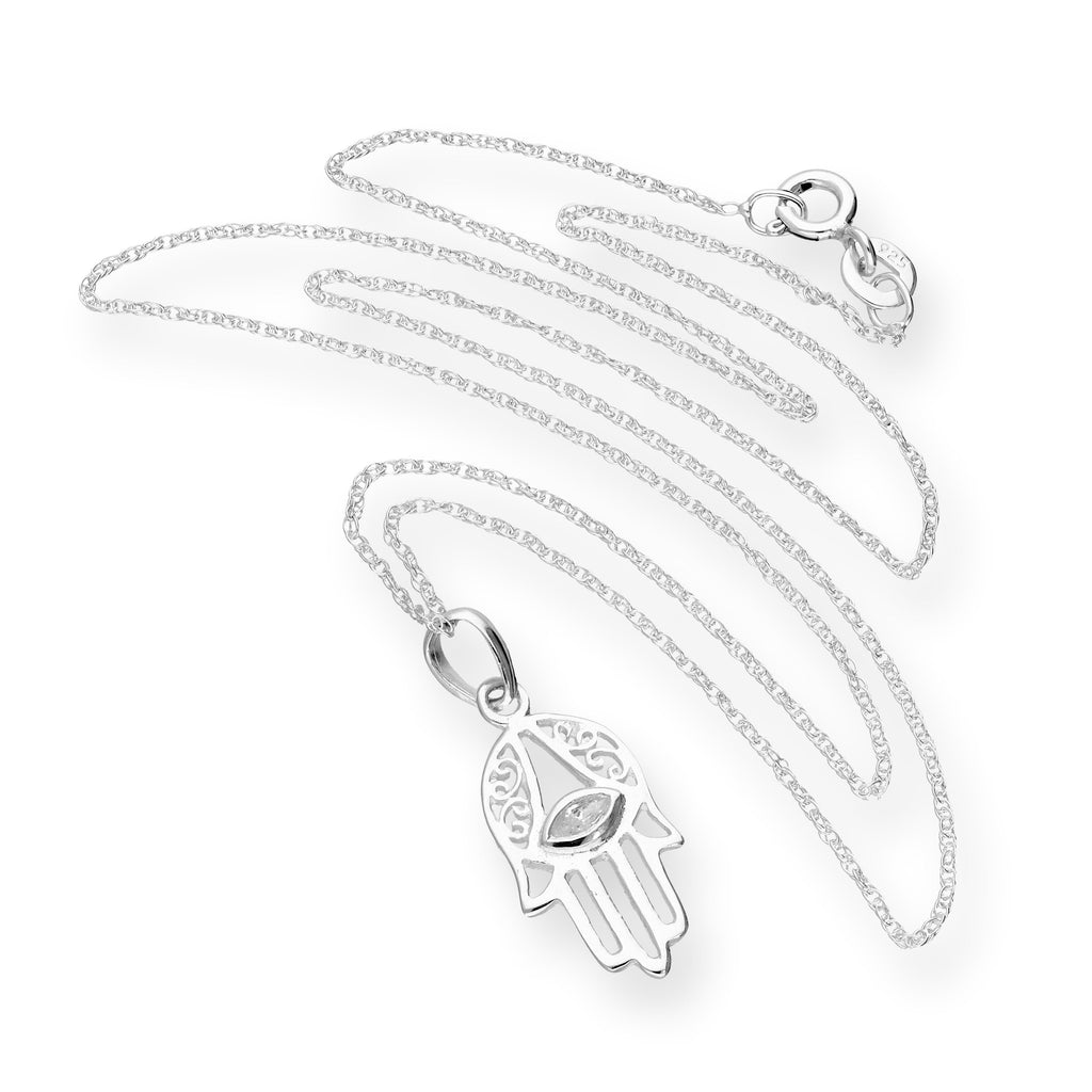 Sterling Silver & Clear CZ Crystal Cut Out Hamsa Pendant Necklace 16 - 22 Inches