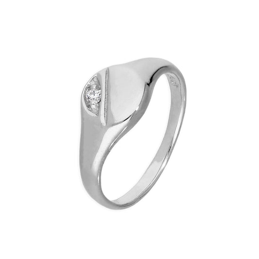 Sterling Silver & Clear CZ Crystal Engraved Round Childs Signet Ring Size A - H