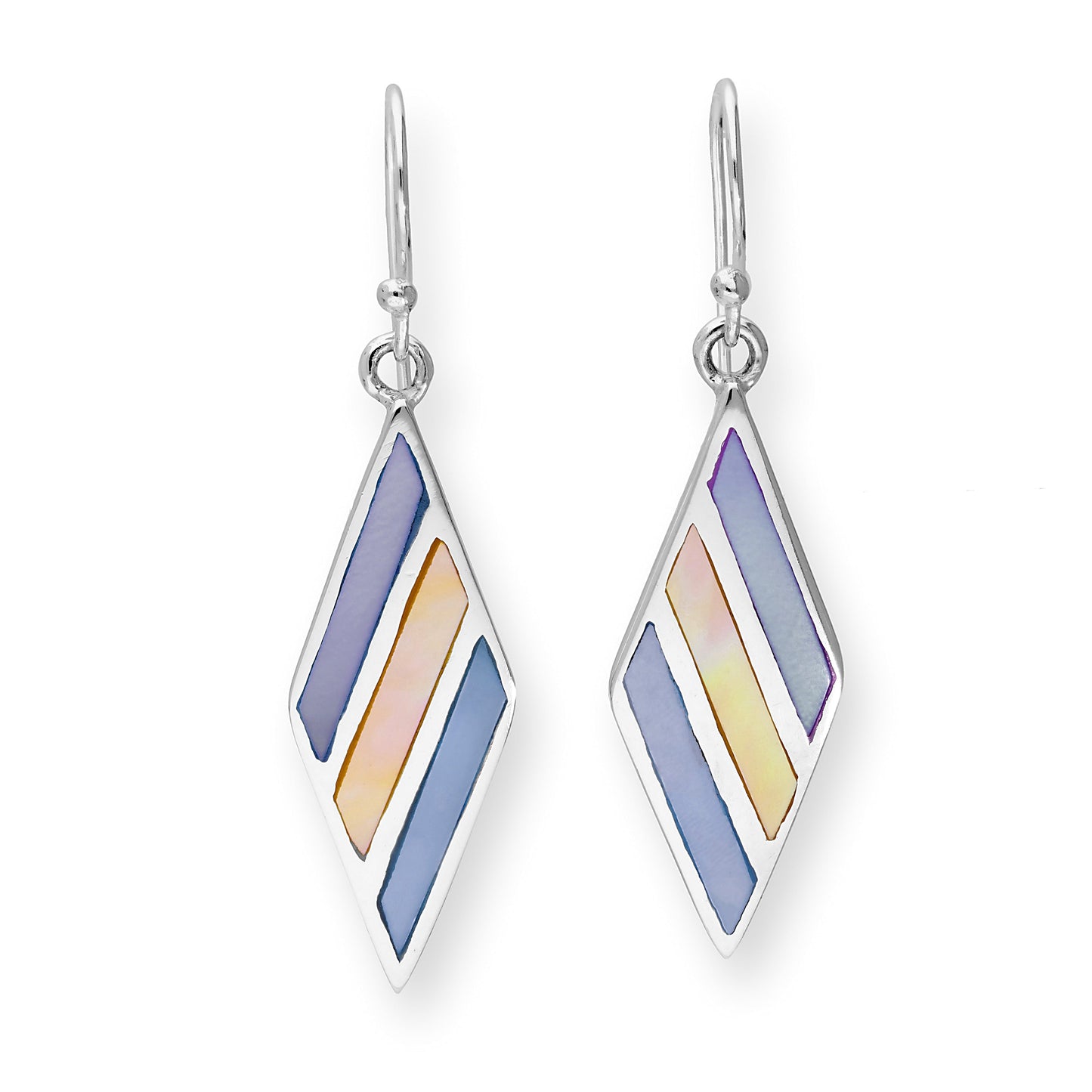 Sterling Silver & Pastel Coloured Mother of Pearl Diamond Shape Dangle Drop Earrings