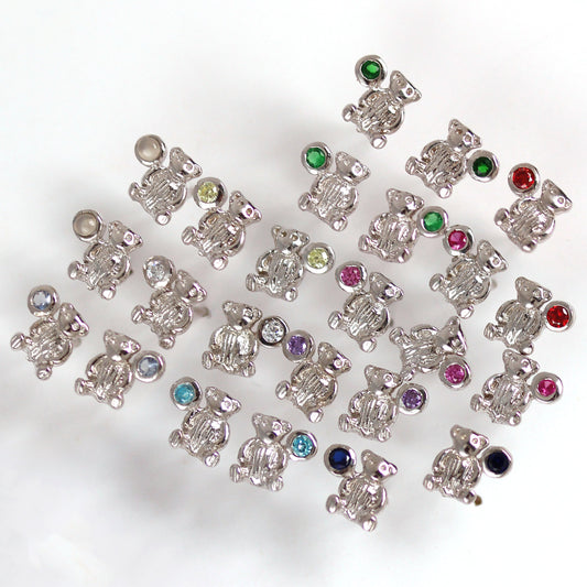 Sterling Silver Teddy Bear & CZ Crystal Birthstone Stud Earrings