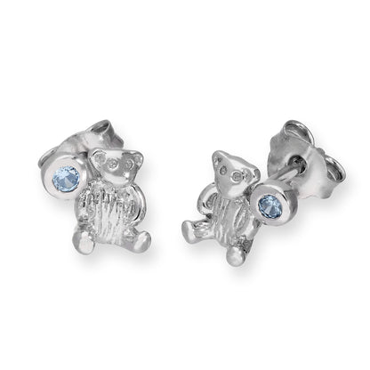 Sterling Silver Teddy Bear & CZ Crystal Birthstone Stud Earrings