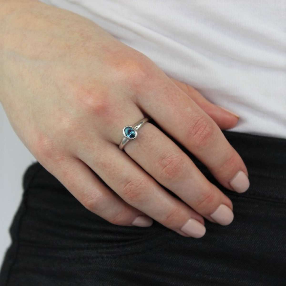 Sterling Silver & Aquamarine CZ Crystal Oval March Birthstone Ring Sizes J - U