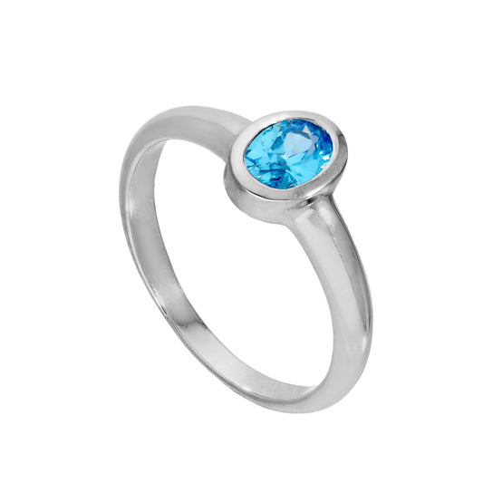 Sterling Silver & Aquamarine CZ Crystal Oval March Birthstone Ring Sizes J - U