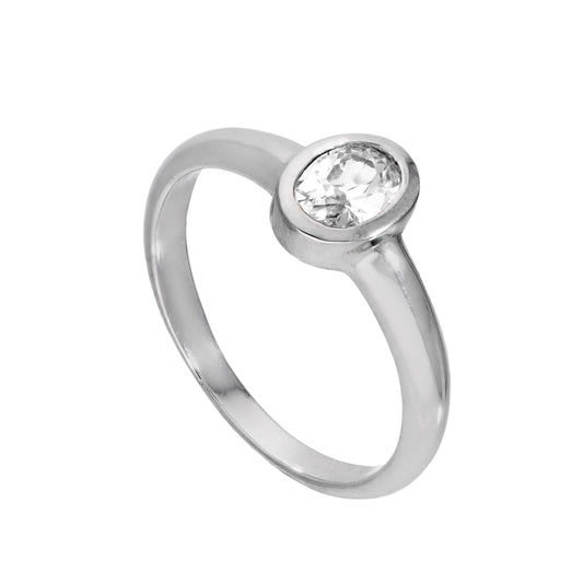 Sterling Silver & Clear CZ Crystal Oval April Birthstone Ring Sizes J - U