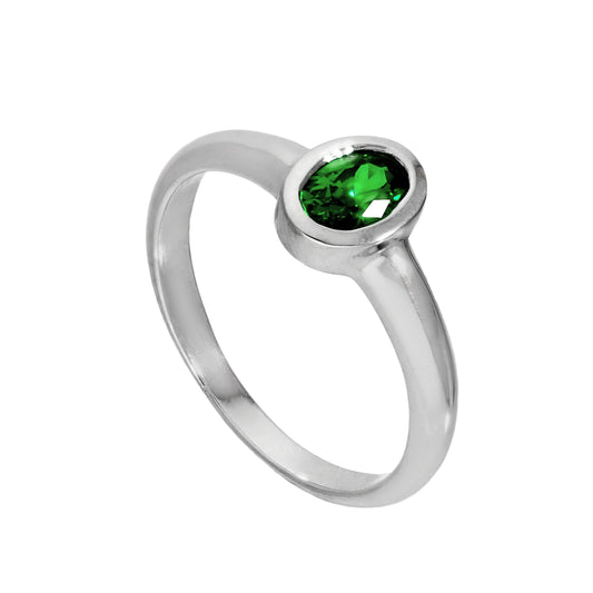 Sterling Silver & Emerald CZ Crystal Oval May Birthstone Ring Sizes J - U
