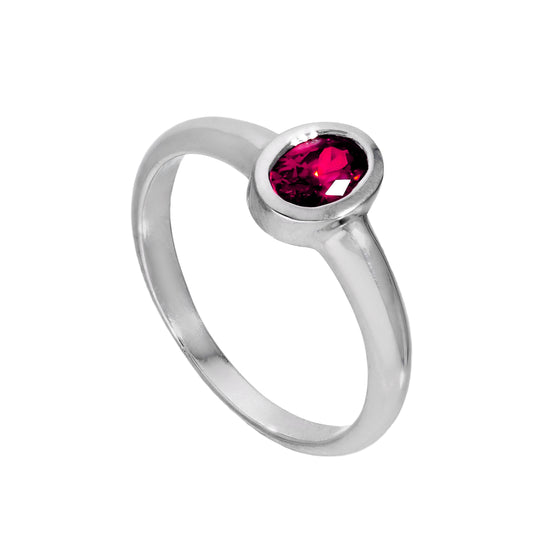 Sterling Silver & Ruby CZ Crystal Oval July Birthstone Ring Sizes J - U