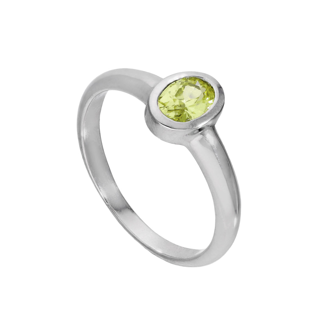 Sterling Silver & Peridot CZ Crystal Oval August Birthstone Ring Sizes J - U