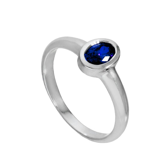 Sterling Silver & Sapphire CZ Crystal Oval September Birthstone Ring Sizes J - U