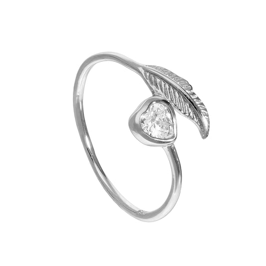 Sterling Silver & Clear CZ Crystal Heart & Leaf Ring Sizes J - U