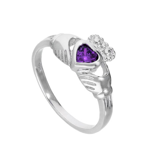 Sterling Silver & Amethyst CZ Crystal February Birthstone Claddagh Ring I - U