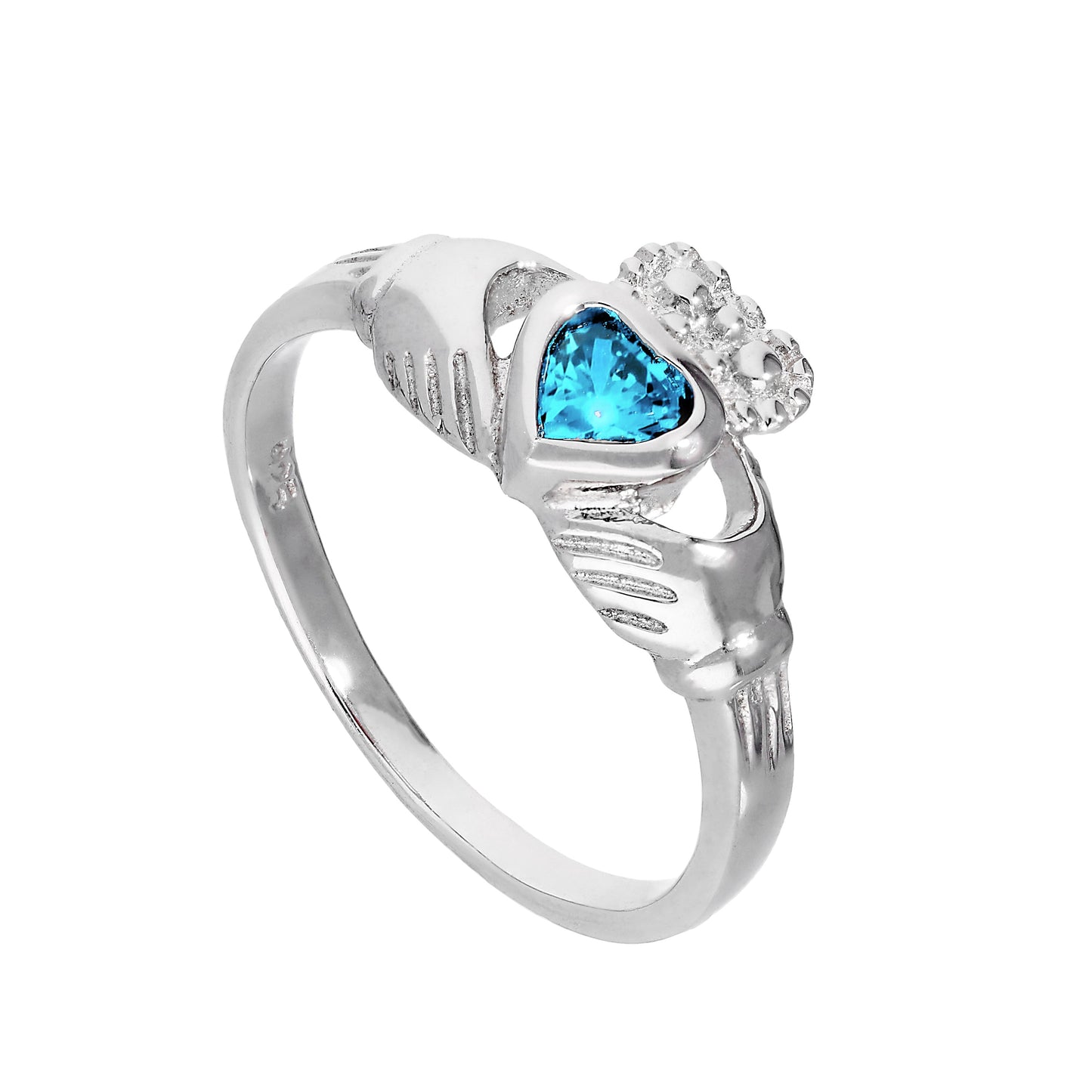 Sterling Silver & Aquamarine CZ Crystal March Birthstone Claddagh Ring I - U