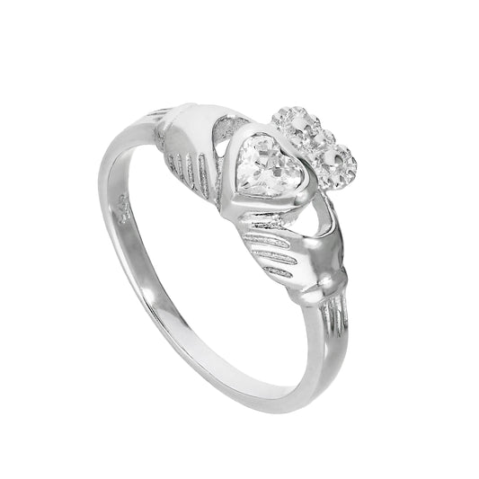 Sterling Silver & Clear CZ Crystal April Birthstone Claddagh Ring Sizes I - U