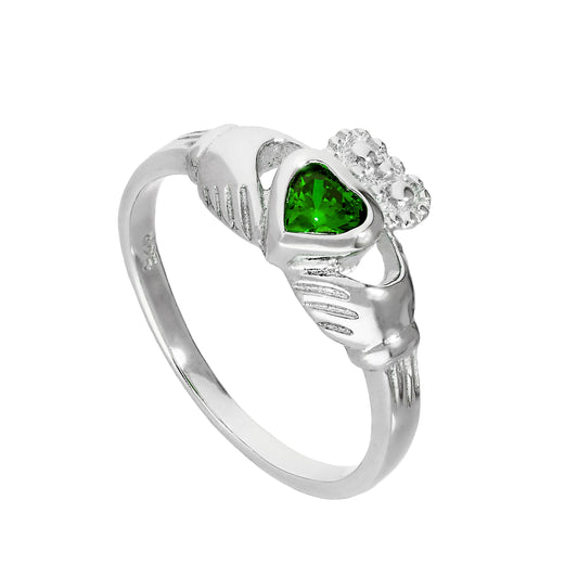 Sterling Silver & Emerald CZ Crystal May Birthstone Claddagh Ring Sizes I - U