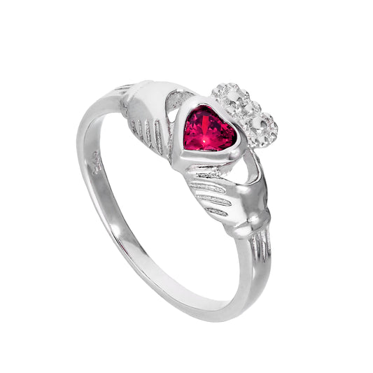 Sterling Silver & Ruby CZ Crystal July Birthstone Claddagh Ring Sizes I - U