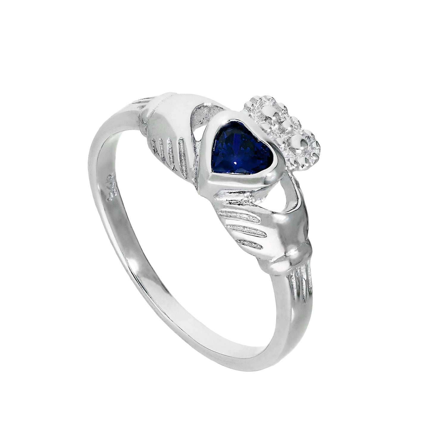 Sterling Silver & Sapphire CZ Crystal September Birthstone Claddagh Ring I - U