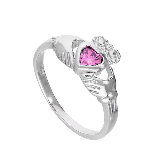 Sterling Silver & Tourmaline CZ Crystal October Birthstone Claddagh Ring I - U