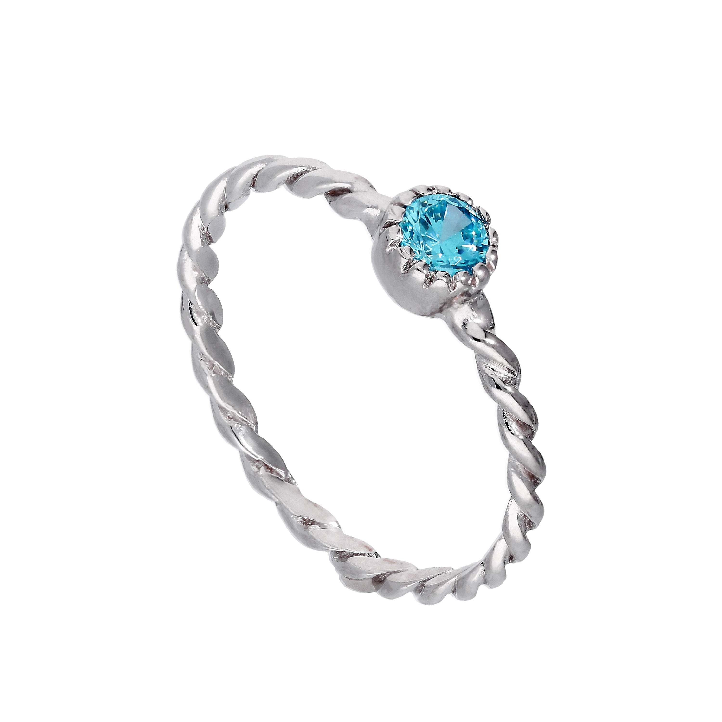 Sterling Silver & Aquamarine CZ Crystal March Birthstone Twisted Rope Ring I - U