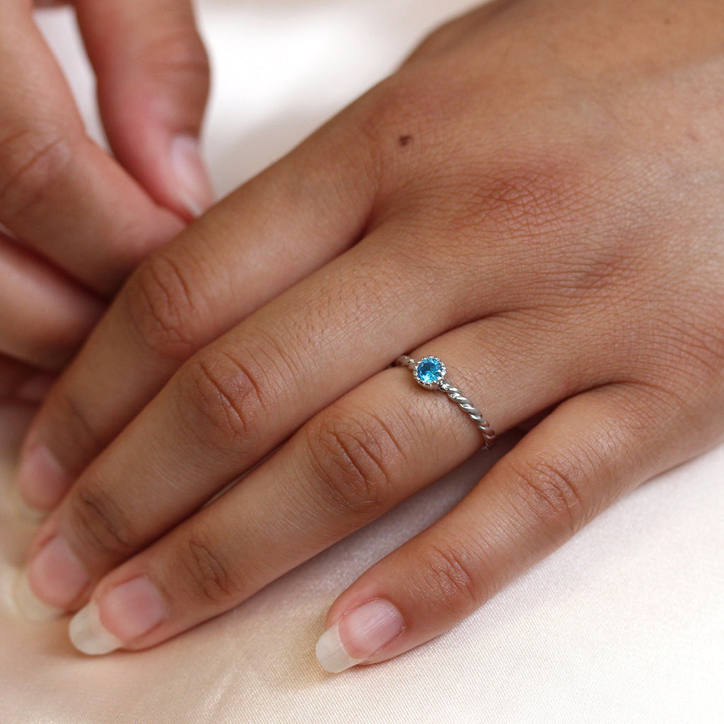 Sterling Silver & Aquamarine CZ Crystal March Birthstone Twisted Rope Ring I - U