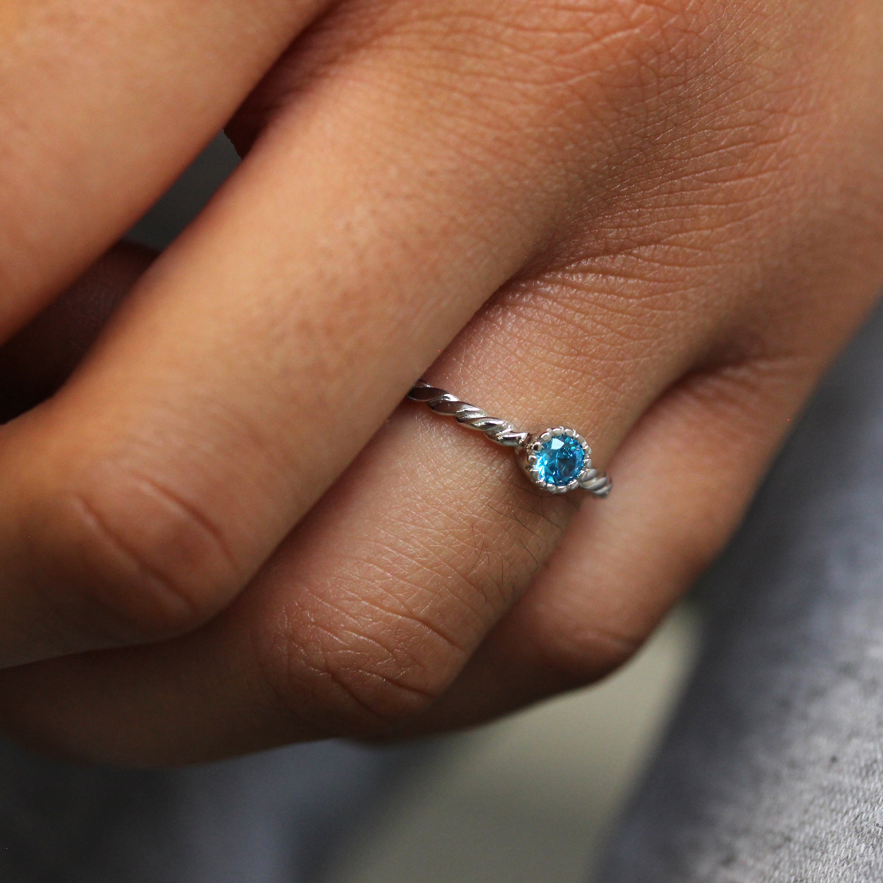 Sterling Silver & Aquamarine CZ Crystal March Birthstone Twisted Rope Ring I - U