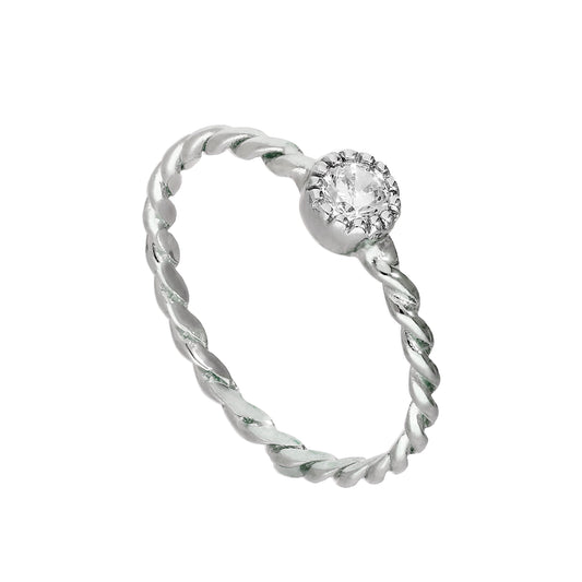Sterling Silver & Clear CZ Crystal April Birthstone Twisted Rope Ring I - U
