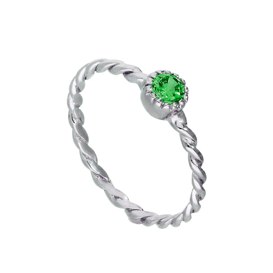 Sterling Silver & Emerald CZ Crystal May Birthstone Twisted Rope Ring I - U