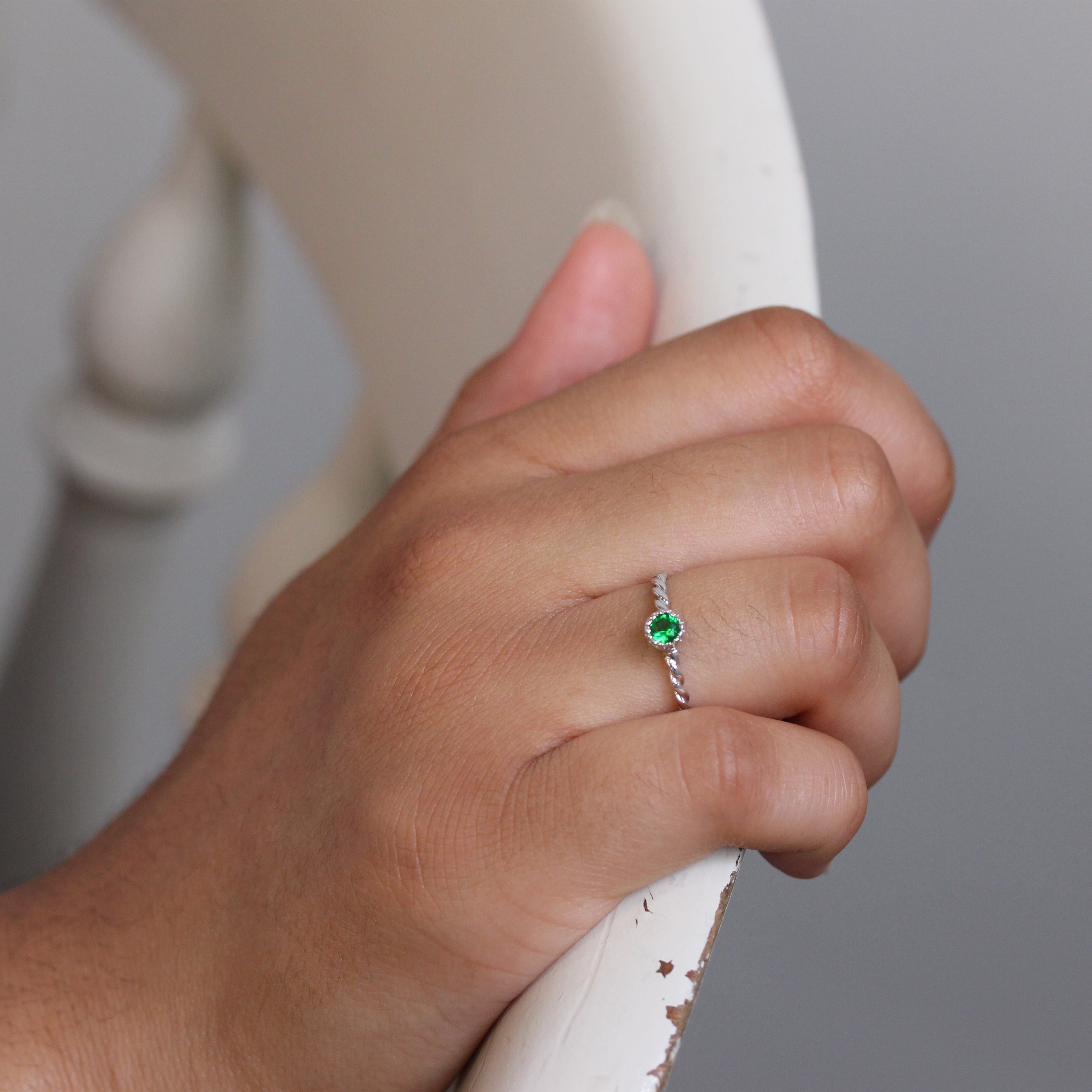 Sterling Silver & Emerald CZ Crystal May Birthstone Twisted Rope Ring I - U