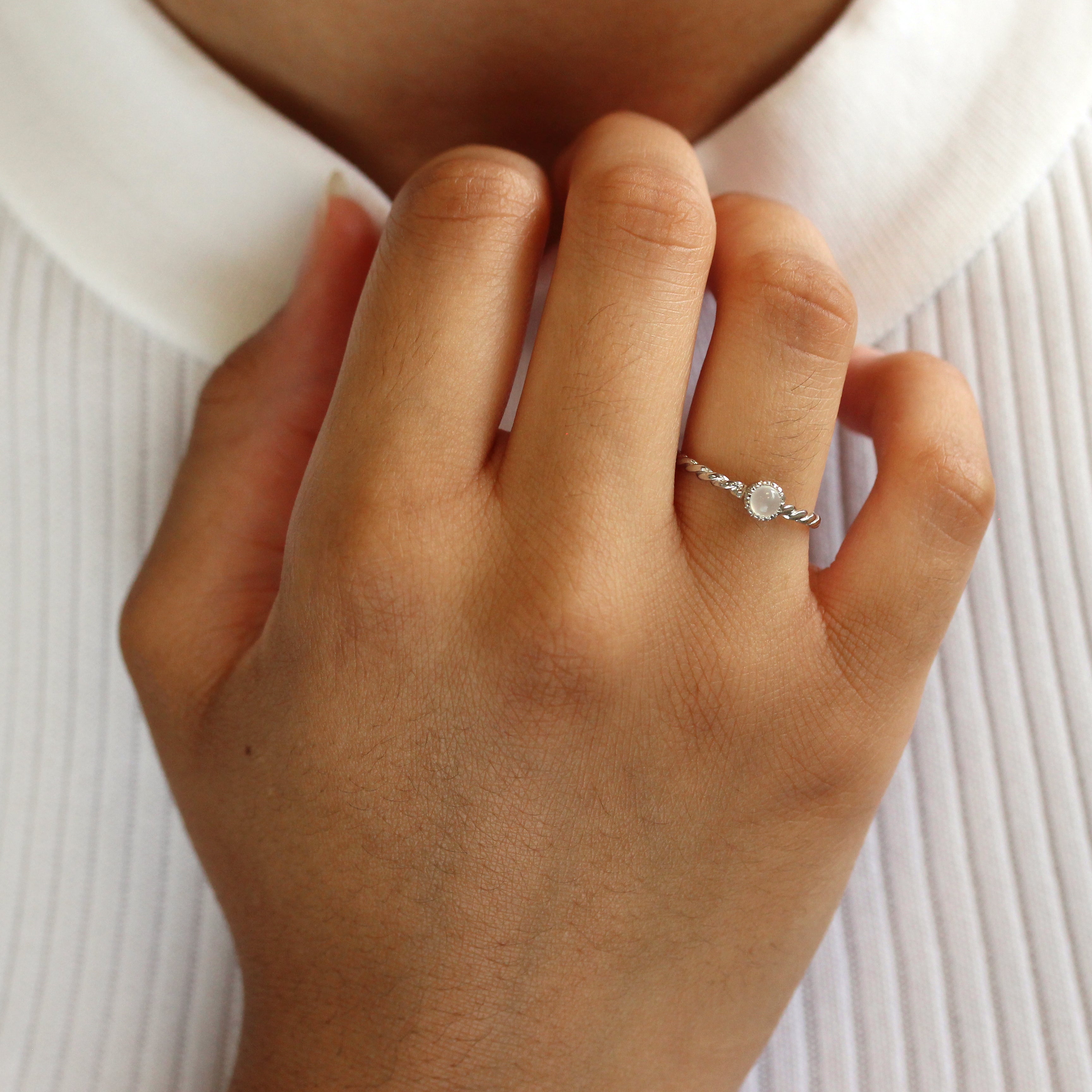 Sterling Silver & Moonstone June Birthstone Twisted Rope Ring I - U