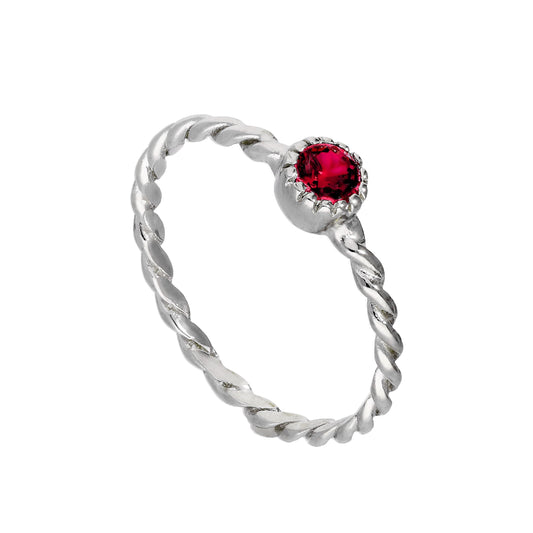 Sterling Silver & Ruby CZ Crystal July Birthstone Twisted Rope Ring I - U