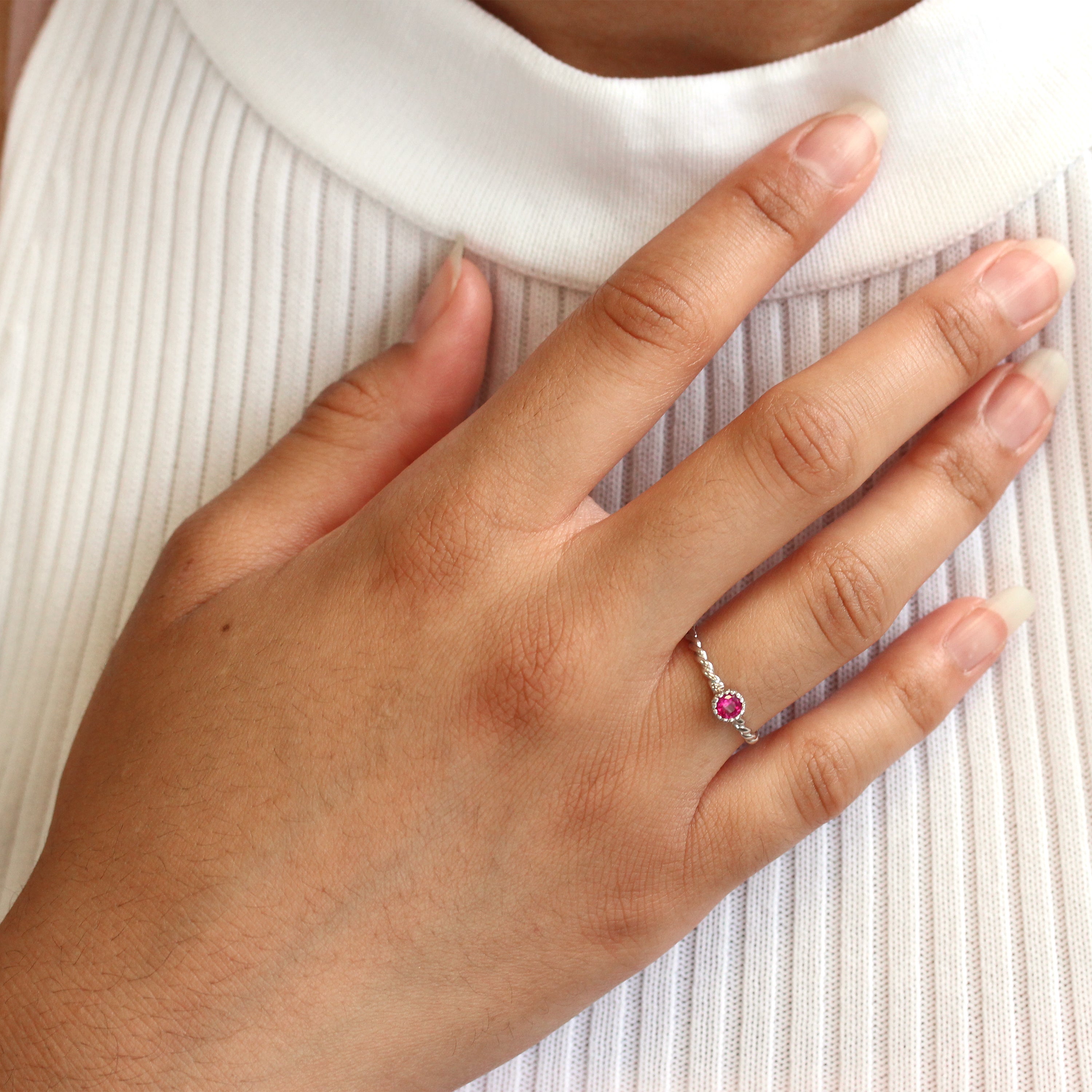 Sterling Silver & Ruby CZ Crystal July Birthstone Twisted Rope Ring I - U