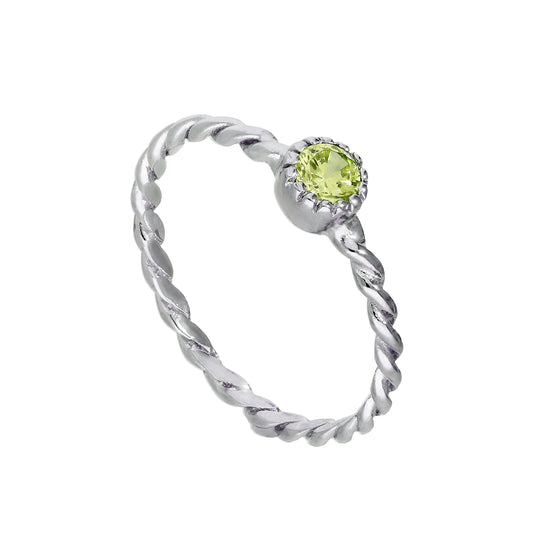 Sterling Silver & Peridot CZ Crystal August Birthstone Twisted Rope Ring I - U