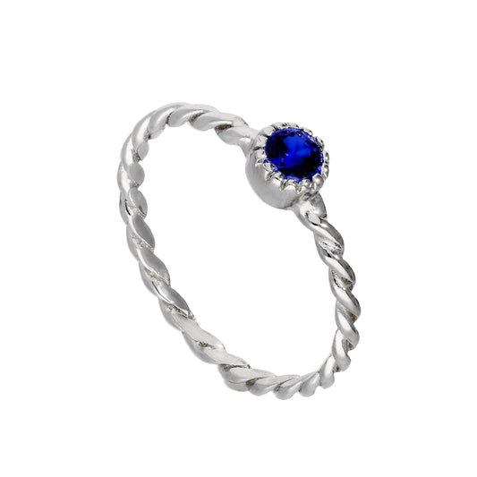 Sterling Silver & Sapphire CZ Crystal September Birthstone Twisted Rope Ring I - U