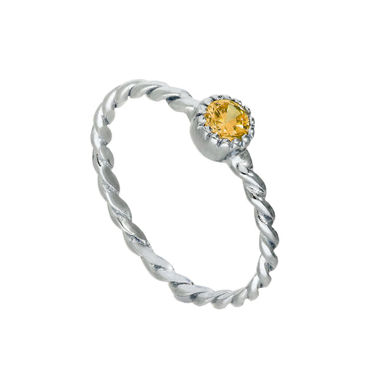Sterling Silver & Citrine CZ Crystal November Birthstone Twisted Rope Ring I - U