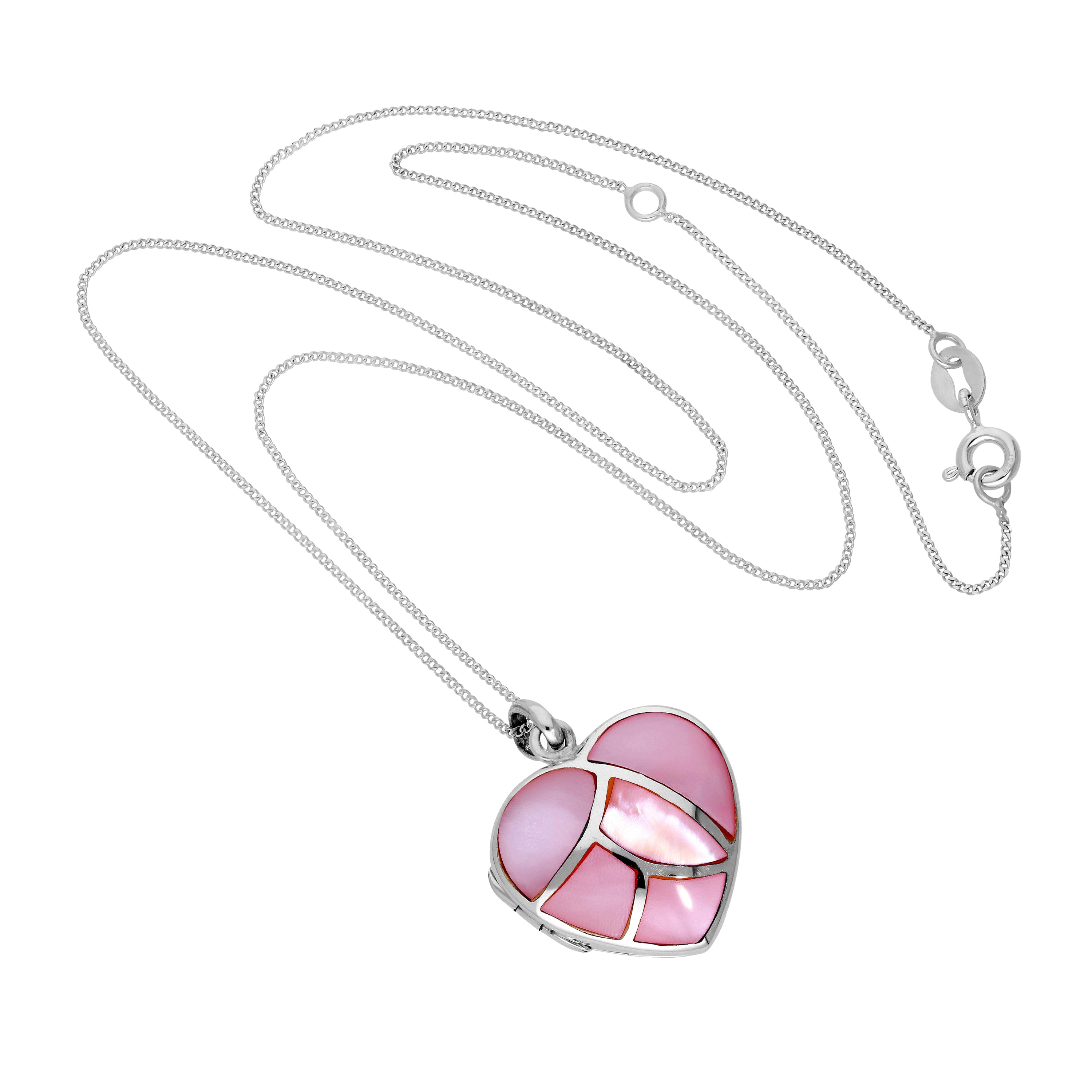 Sterling Silver & Dyed Pink Mother of Pearl Engravable Heart Locket 14-32 Inches