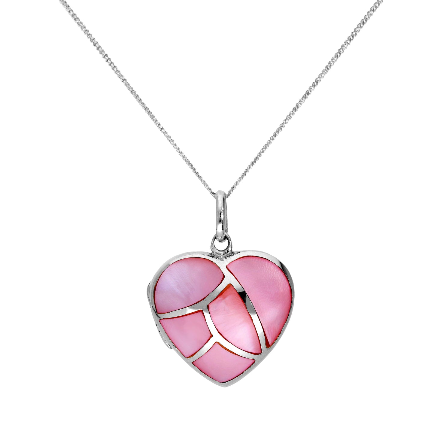 Sterling Silver & Dyed Pink Mother of Pearl Engravable Heart Locket 14-32 Inches