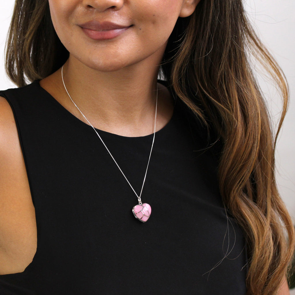 Sterling Silver & Dyed Pink Mother of Pearl Engravable Heart Locket 14-32 Inches