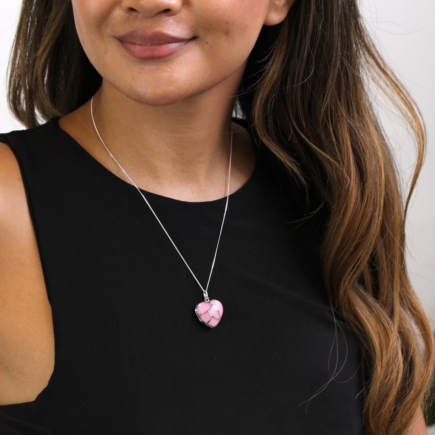 Sterling Silver & Dyed Pink Mother of Pearl Engravable Heart Locket 14-32 Inches