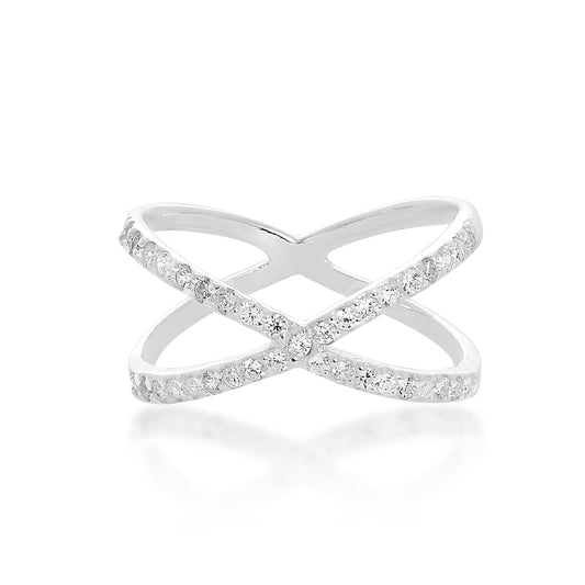 Sterling Silver & Clear CZ Crystal Criss Cross Ring Sizes K - X