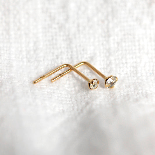 9ct Gold L-Shaped Crystal Nose Stud 1.5mm - 2.5mm