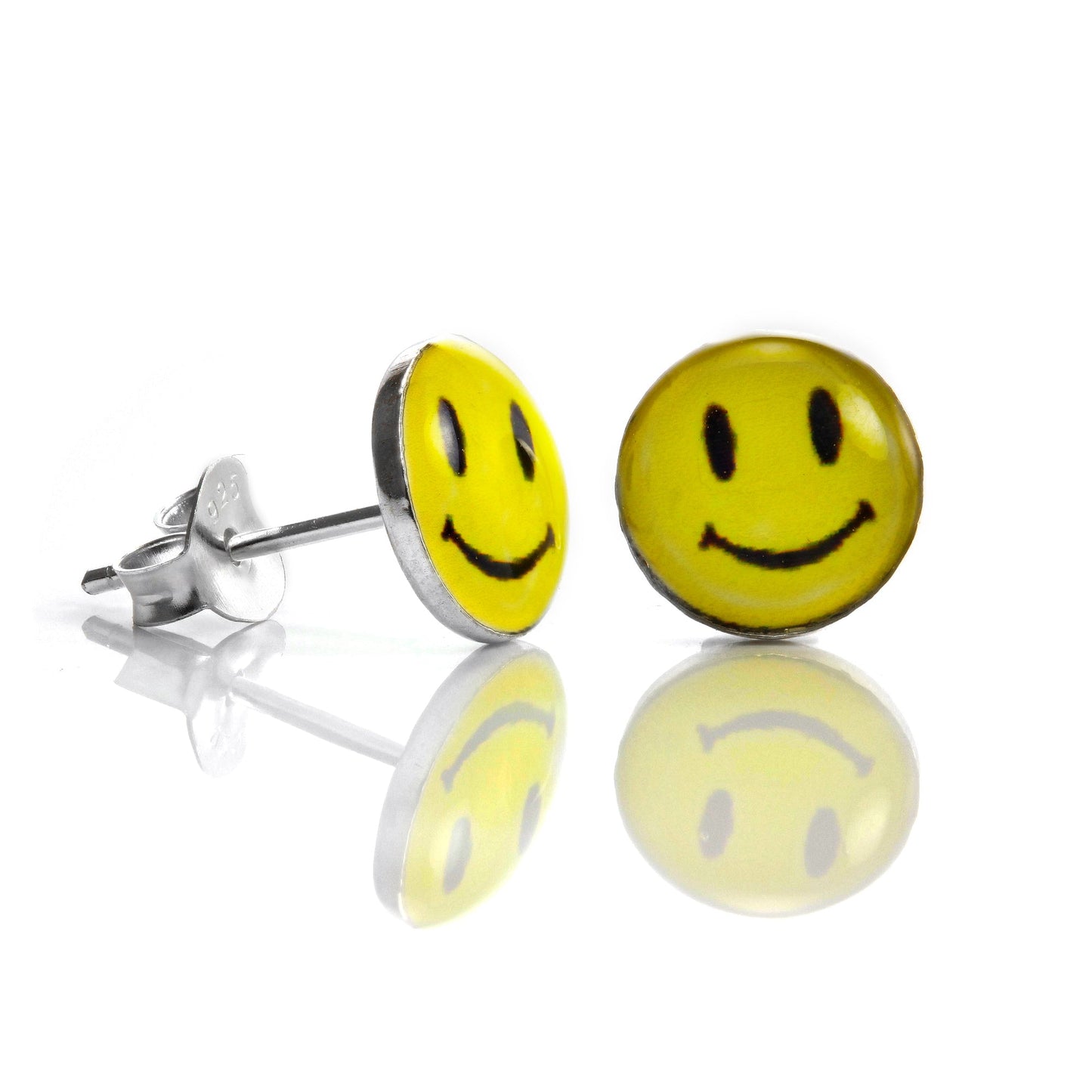 Sterling Silver 8mm Yellow Smiley Face Stud Earrings
