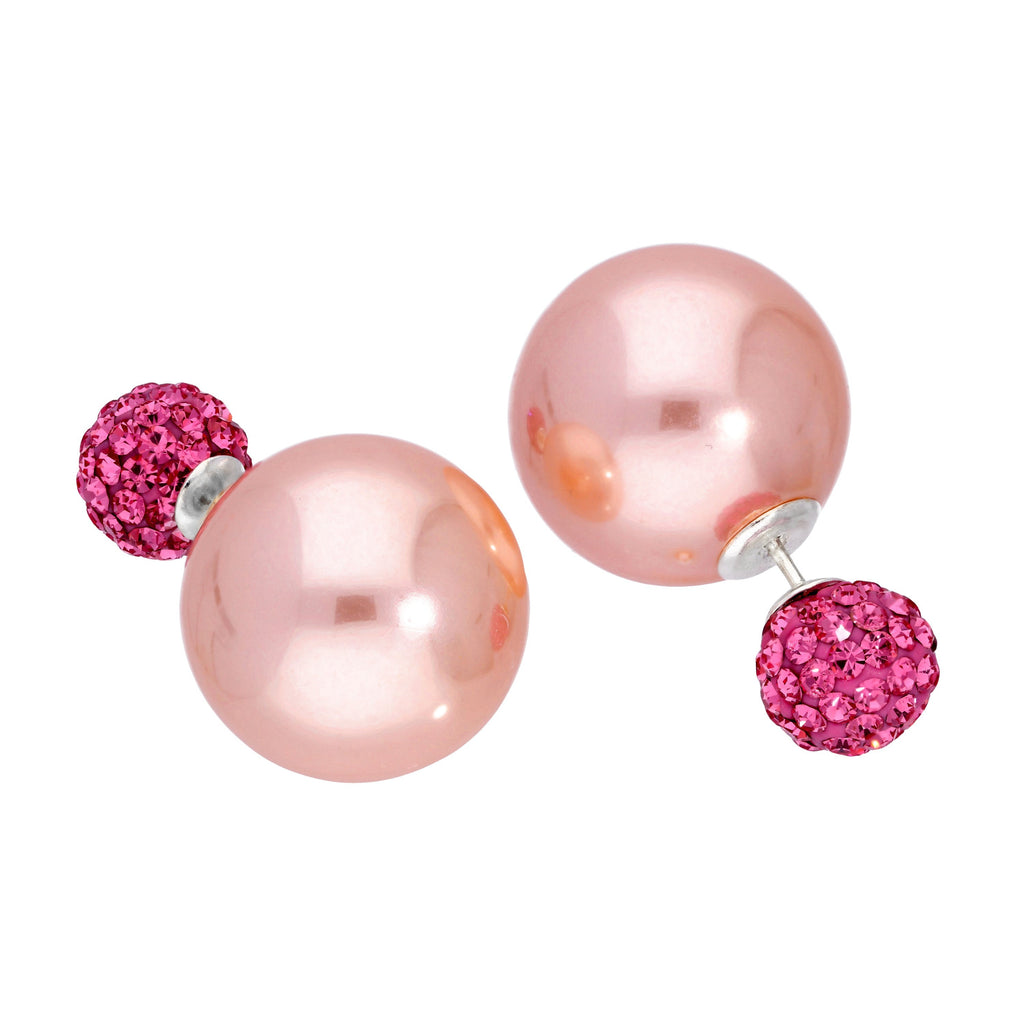 Sterling Silver Double Sided Pearl & CZ Stud Earrings Cream White Peach Grey
