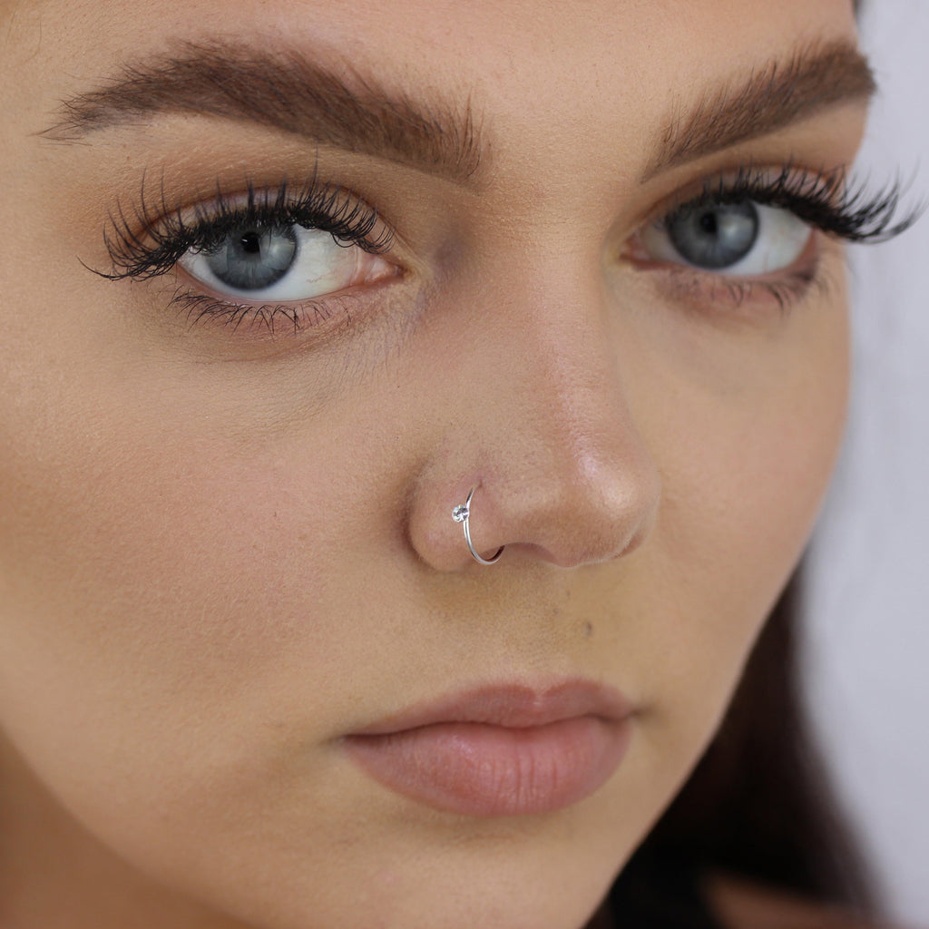 Sterling Silver & Clear CZ Crystal 20Ga Nose Hoop Ring