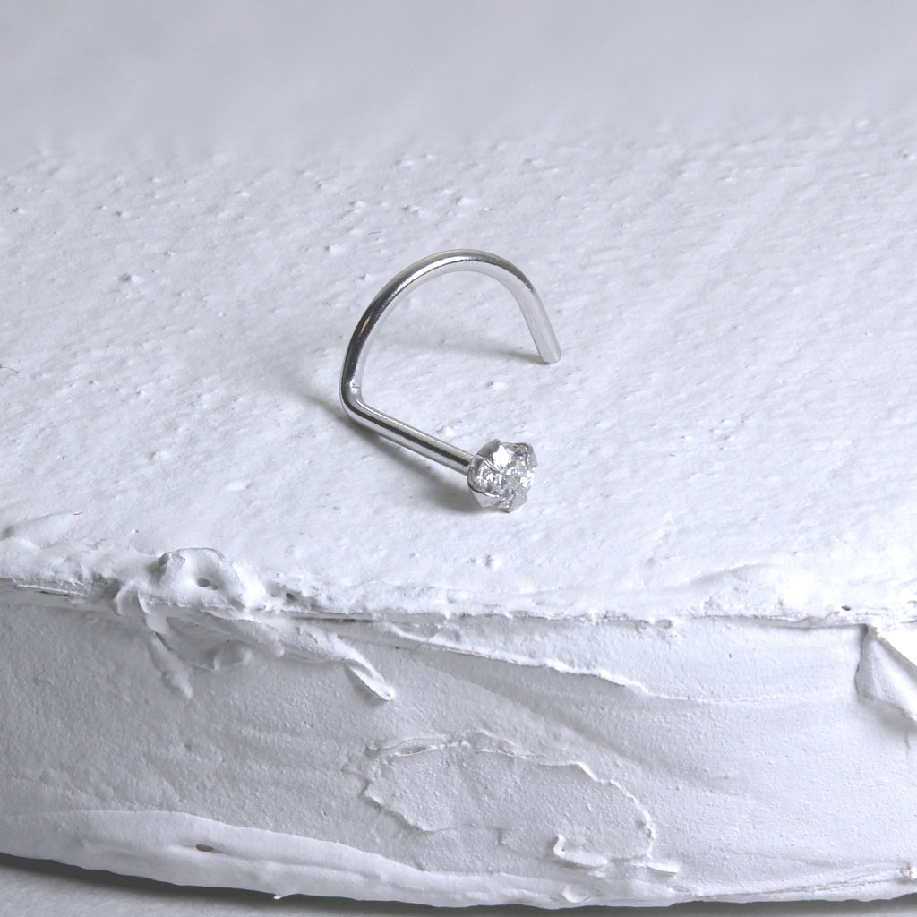 9ct White Gold Cubic Zirconia Crystal Nose Screw Hook