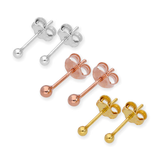 Sterling Silver 2mm Ball Stud Earrings Set- Three Colours