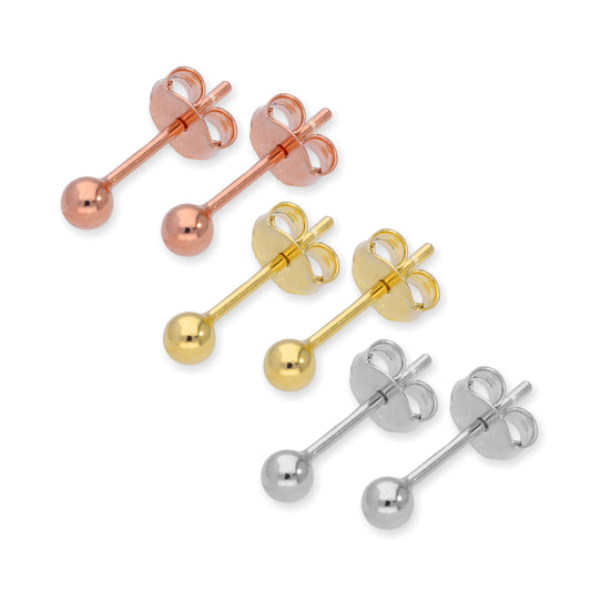 Sterling Silver 3mm Ball Stud Earrings Set- Three Colours