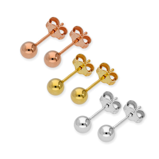 Sterling Silver 4mm Ball Stud Earrings Set- Three Colours