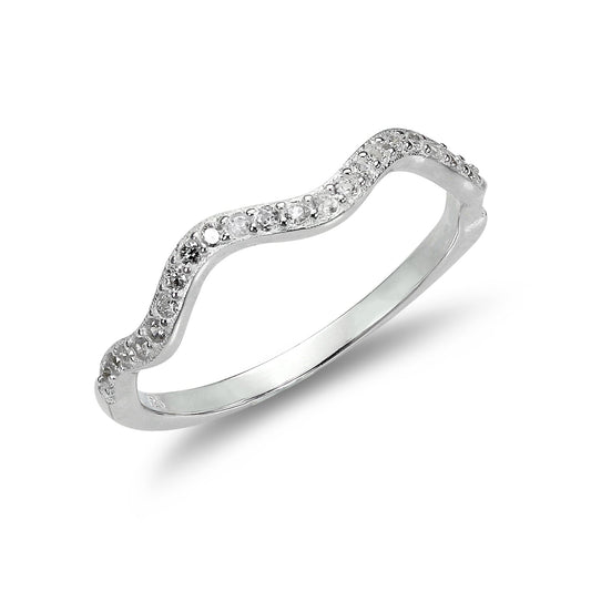 Sterling Silver 2mm Wave Ring with Clear CZ Crystals - UK Size I-U