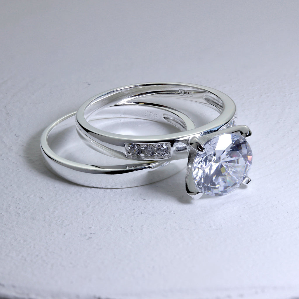Sterling Silver & CZ Crystal Engagement Ring & Wedding Band Set