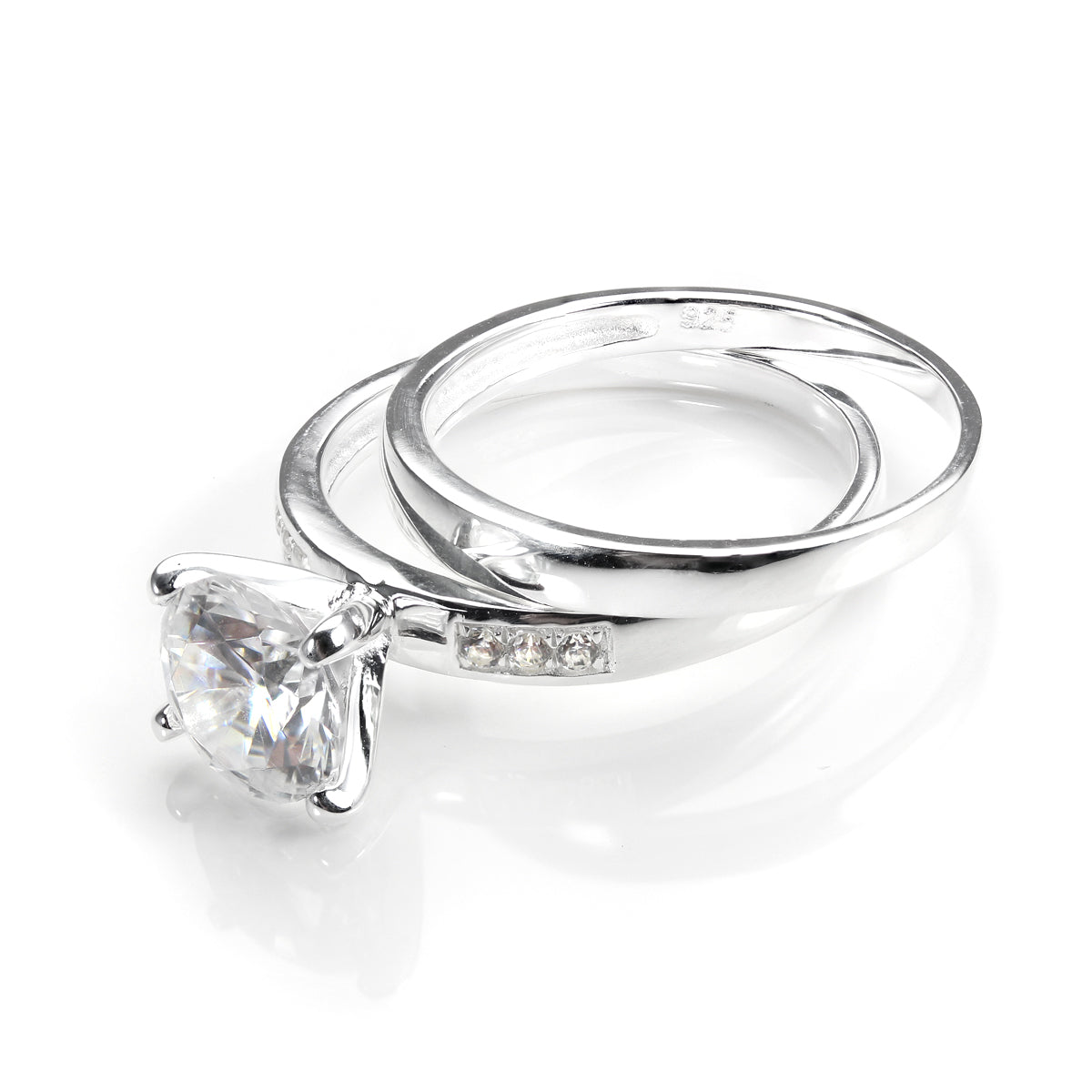 Sterling Silver & CZ Crystal Engagement Ring & Wedding Band Set